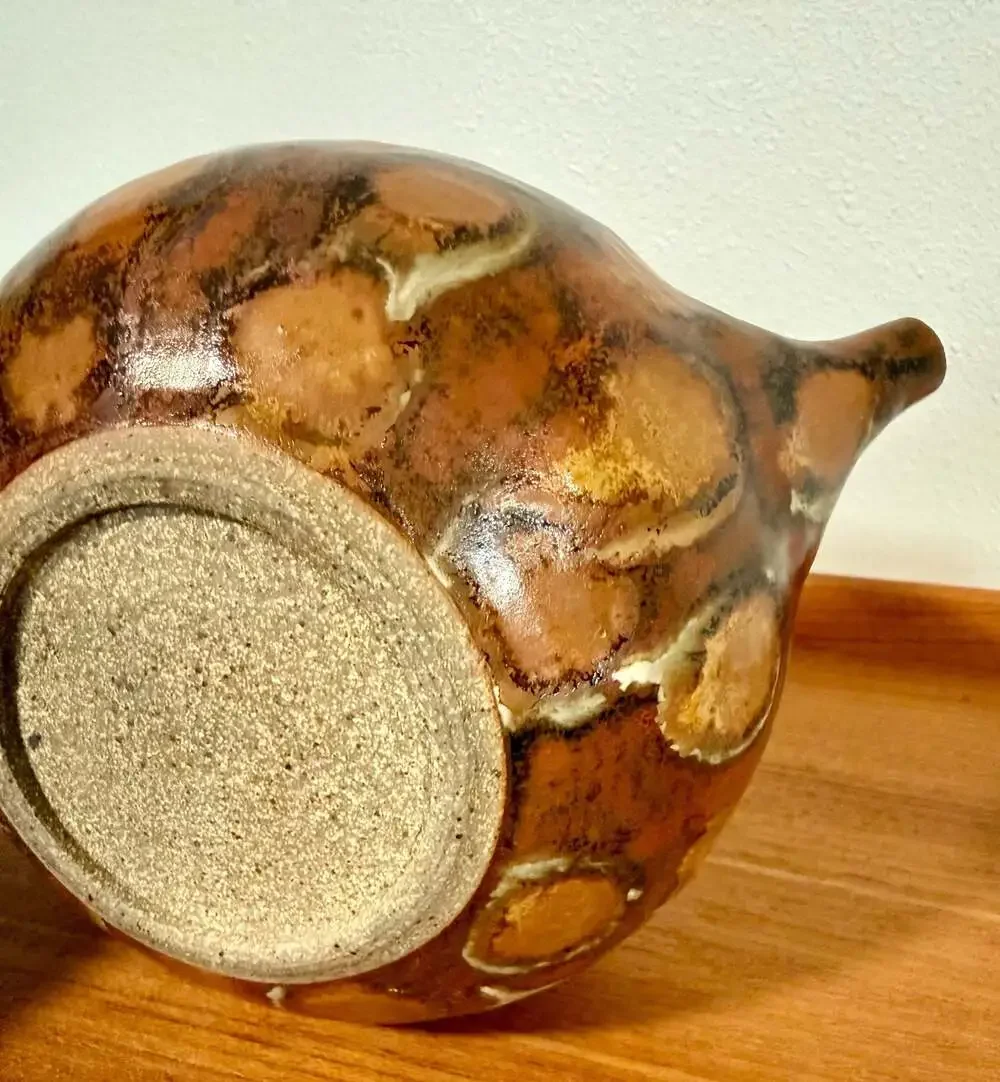 Vintage Hand-Painted Studio Pottery Teapot with Woven Rattan Handle
